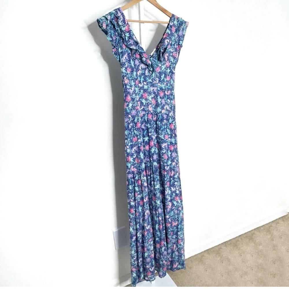 Poupette St Barth Della Maxi Dress Belted Blue Pink Ruffle Sleeve Tiered Skirt - Picture 15 of 16